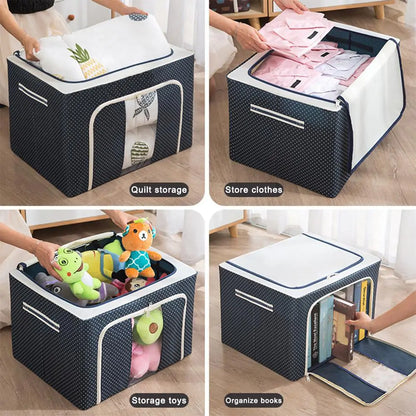 Four-panel image showing storage box uses: quilt storage, clothes, toys, and book organization