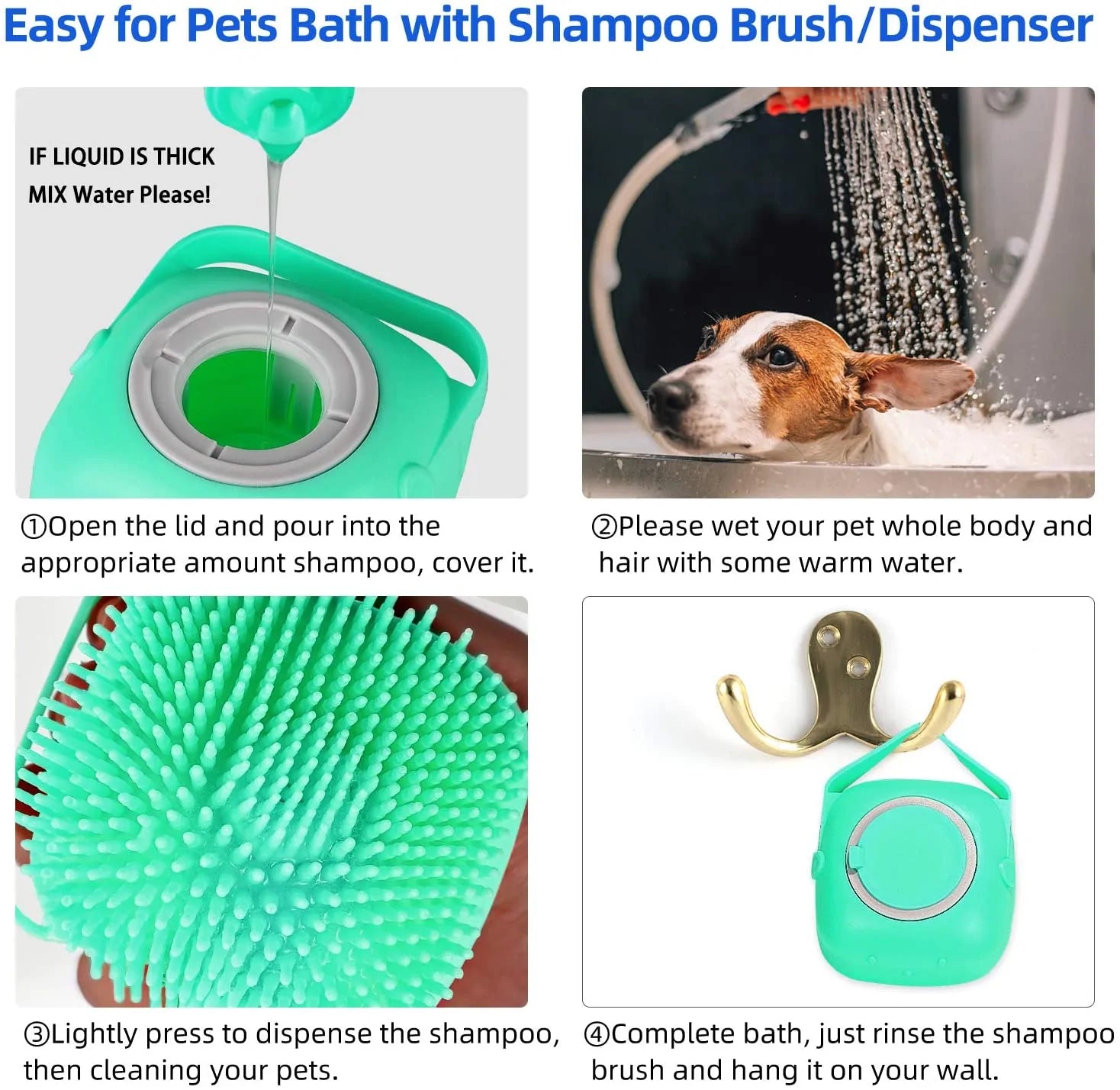 Four-panel instruction guide for pet shampoo brush showing filling, wetting, cleaning and storage steps
