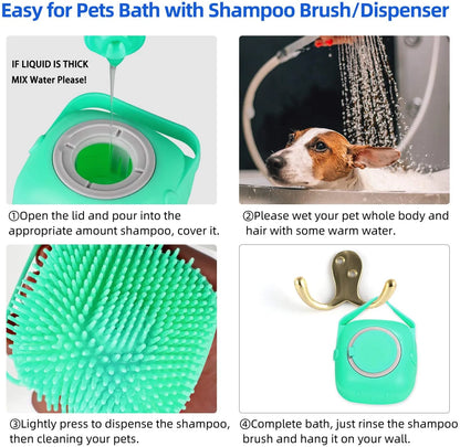 Four-panel instruction guide for pet shampoo brush showing filling, wetting, cleaning and storage steps
