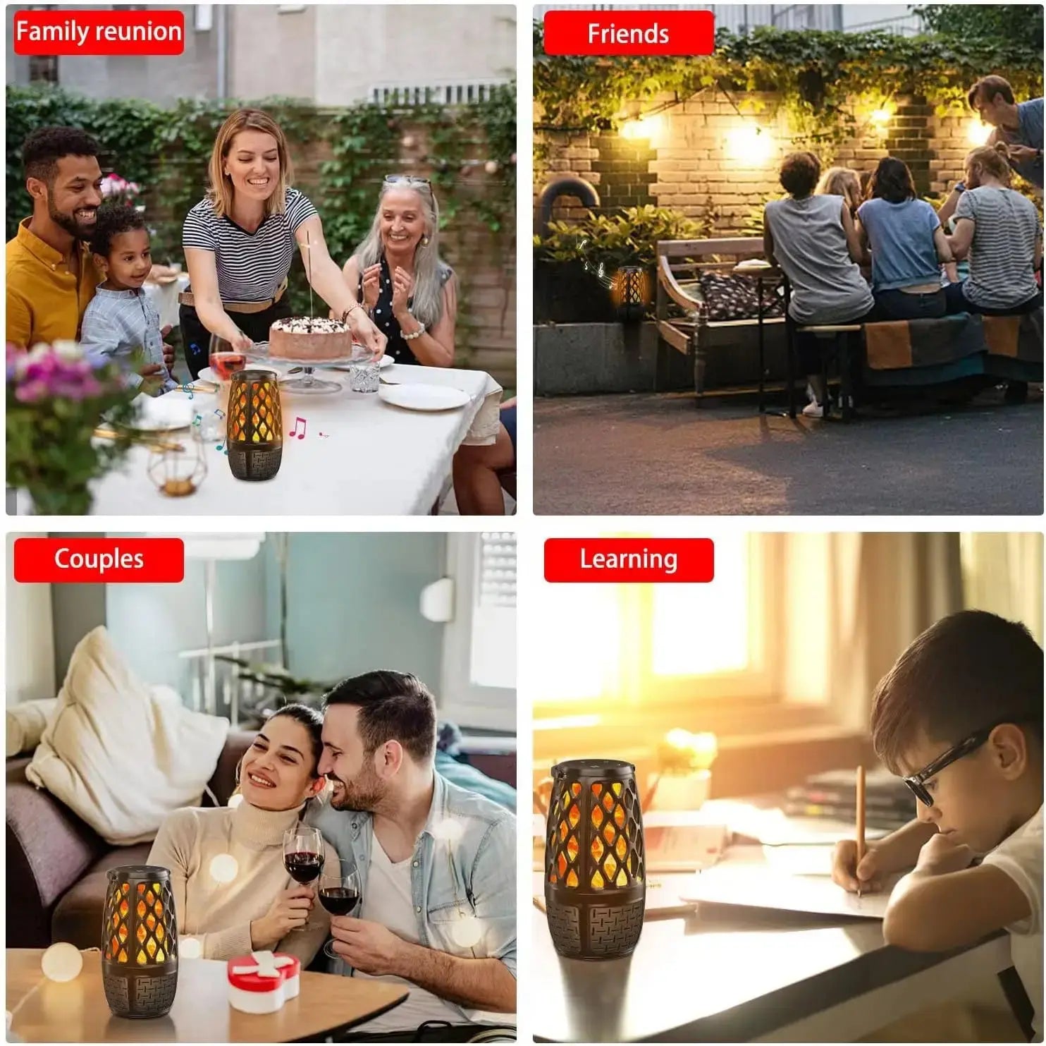Four scenarios with a warm-lit lantern family reunion, friend gathering, couple enjoying wine, and a child studying.