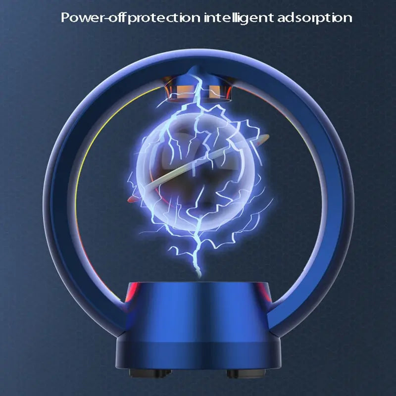Futuristic blue circular speaker device with floating central sphere surrounded by electrical lightning effects, titled 'Power-off protection intelligent adsorption
