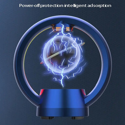 Futuristic blue circular speaker device with floating central sphere surrounded by electrical lightning effects, titled 'Power-off protection intelligent adsorption