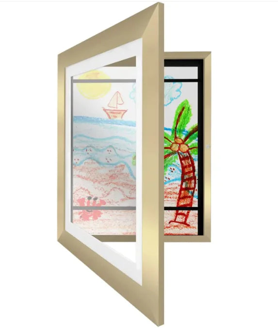 Gold-framed hinged display showing child's beach drawing with sailboat and palm tree in watercolor style