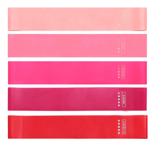 Gradient pink and red exercise resistance bands with color-coded difficulty levels neatly arranged