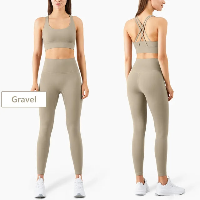 Gravel-colored workout set with strappy back sports bra and seamless high-waisted leggings