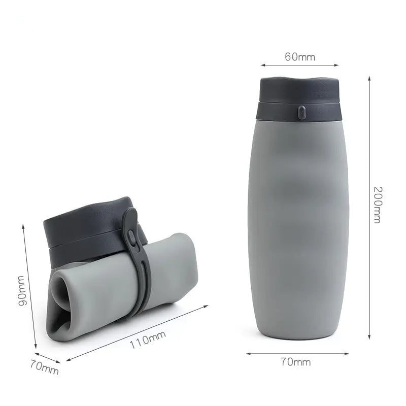 Gray collapsible water bottle with measurements: 200mm tall, 60-70mm wide; folded size 110x90x70mm.