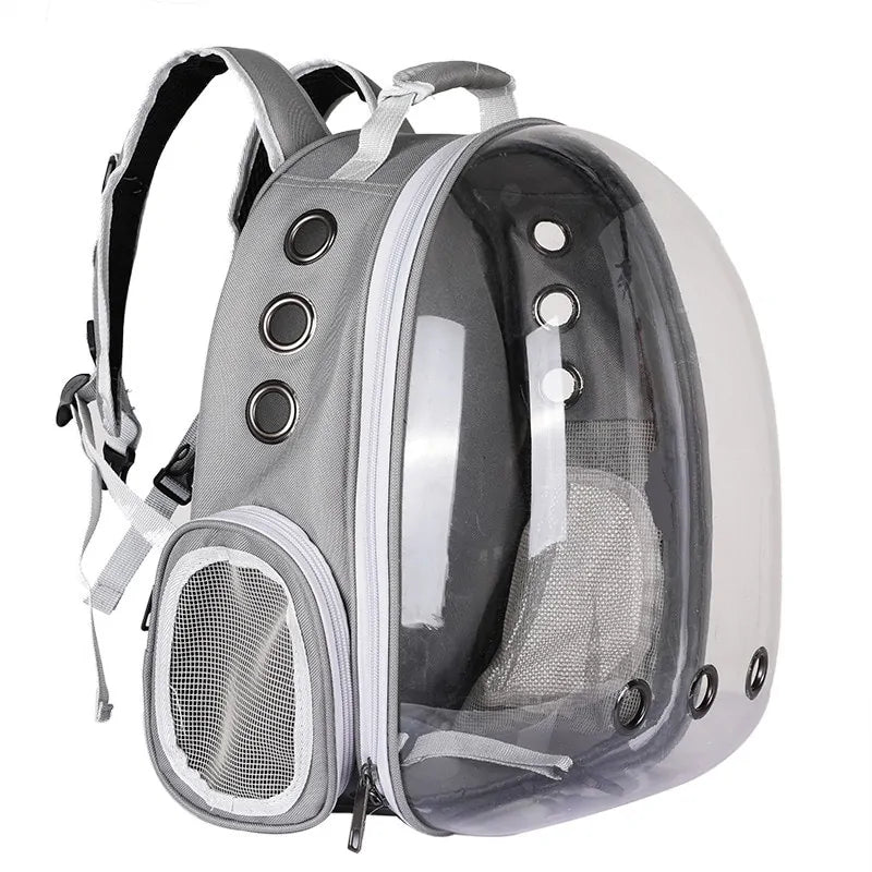 Gray pet carrier backpack with transparent dome, mesh ventilation, and white adjustable straps for pets