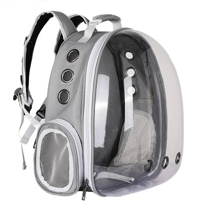 Gray pet carrier backpack with transparent dome, mesh ventilation, and white adjustable straps for pets