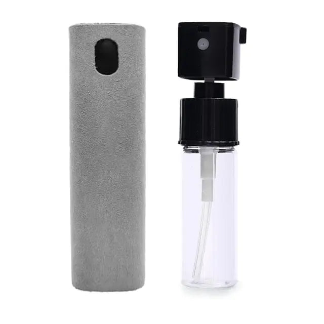 Gray textured case next to a clear spray bottle with a black nozzle.