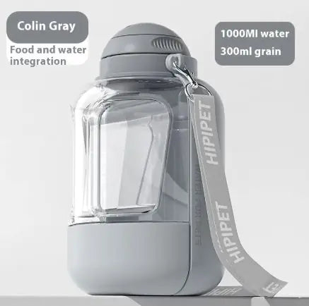 Gray water bottle with food storage compartment, HIPPET-branded strap, holds 1000 ml of water and 300 ml of grain.