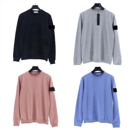 Grid of four sweatshirts in black, gray, pink, and blue colors, each with black arm patch and price tag