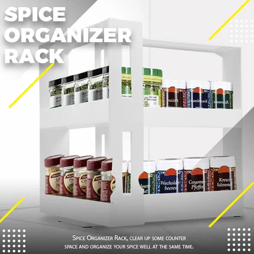 Two-tier rotating spice organizer rack shown fully stocked with spice jars on both shelves