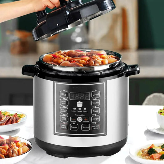 Hand-lifting lid of electric pressure cooker reveals meat and potatoes amid various preset buttons