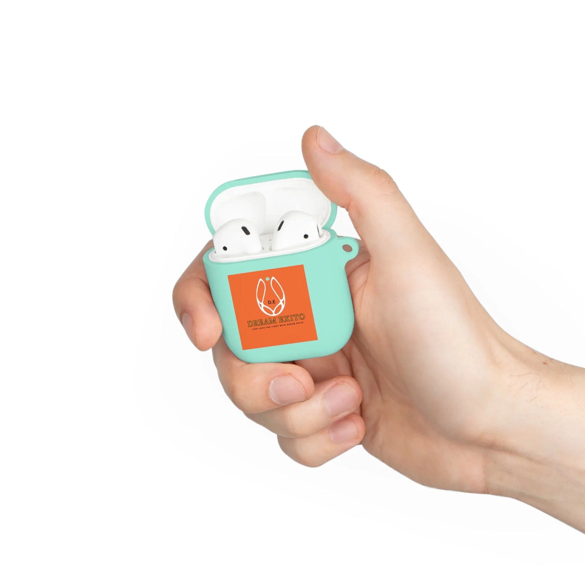 Hand holding a teal AirPods case with earbuds inside.