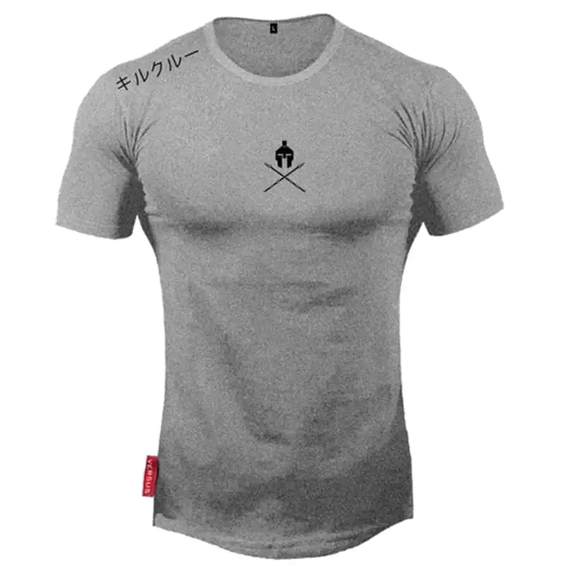 Heather grey fitted t-shirt with warrior helmet logo and crossed swords, slim athletic cut