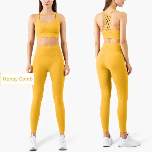 Honey Comb yellow workout set with cross-back sports bra and high-waisted seamless leggings