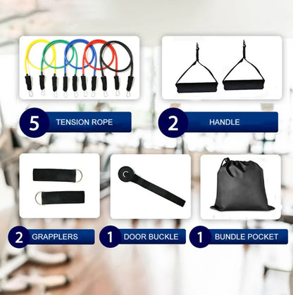Infographic showing 5 tension ropes, 2 handles, 2 grappler straps, and other exercise band components.