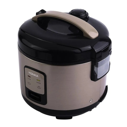 Konka rice cooker with black lid and beige body featuring cook/warm settings and control panel