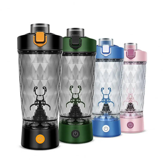 LED Portable Wireless Shaker Bottles in black, green, blue, and pink for smoothies, coffee, and fitness drinks