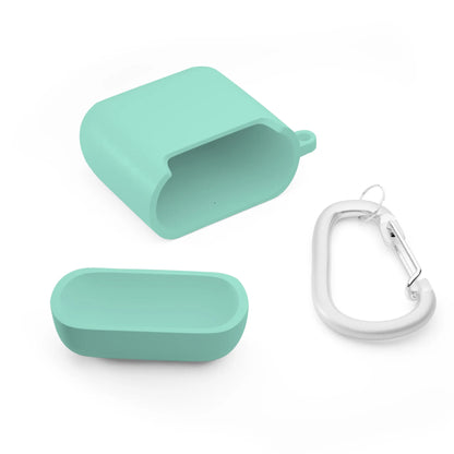 Light teal silicone earbuds case with two pieces and a silver carabiner clip.