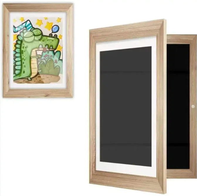 Light wood frame pair: left shows cute dinosaur drawing with stars, right shows black display surface