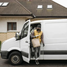 Person getting out of a white van with a package in a residential area