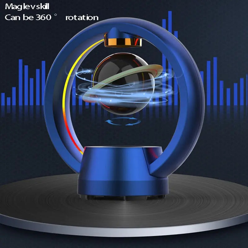 Marketing image showing 360-degree rotation capability of magnetic levitation speaker with blue equalizer bars in background and 'Maglevskill' branding