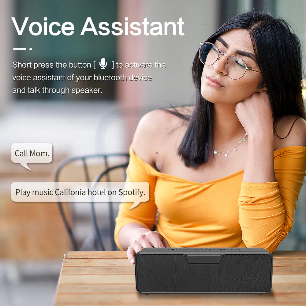 Marketing image showing a person in a yellow top using the speaker's voice assistant feature, with speech bubbles demonstrating voice commands.