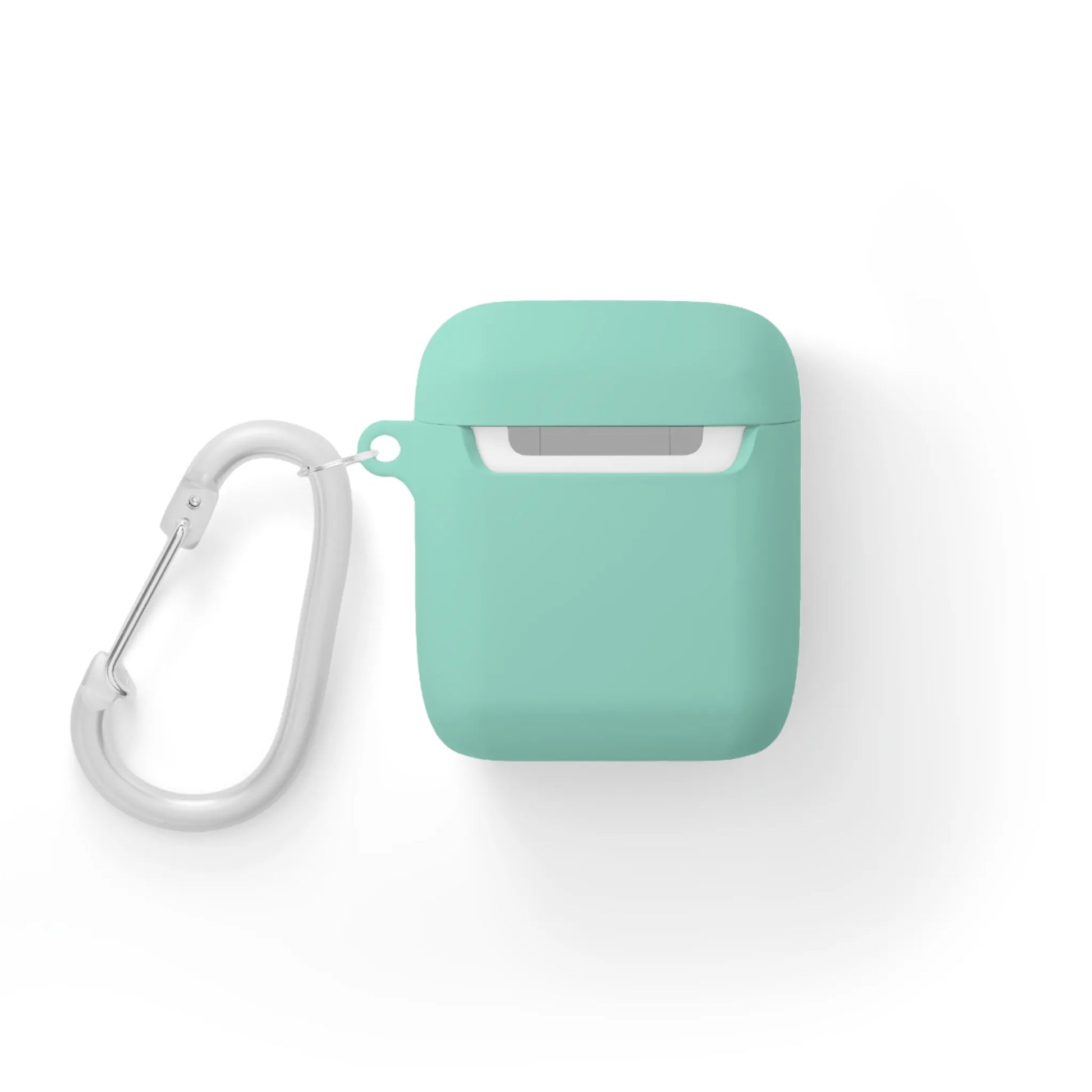 Mint green earbud case with a silver carabiner attached.