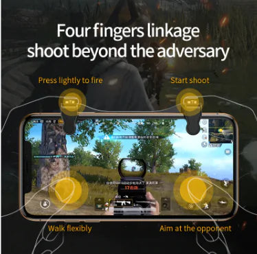Mobile game controller overlay showing four-finger linkage technique with on-screen shooting tips