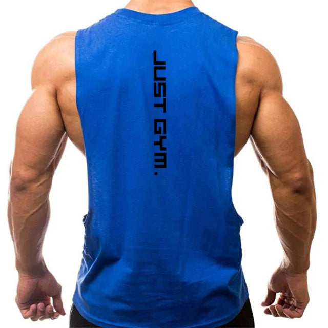 Muscular back view of bright blue sleeveless workout tank with vertical "JUST GYM" text down the center