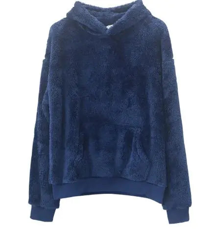Navy blue plush hoodie with fuzzy fleece material, featuring drop shoulders and large front pocket design