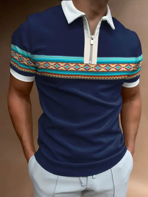 Navy blue polo shirt with decorative aztec pattern band across chest in turquoise and orange tones