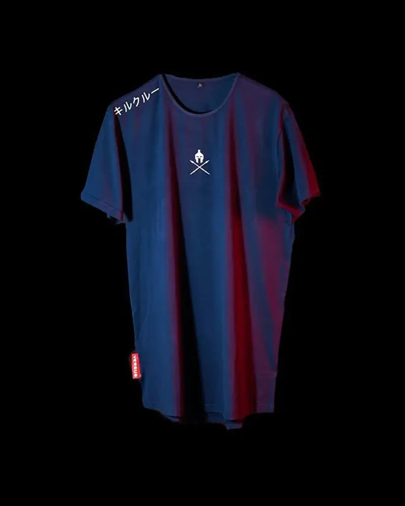 Navy blue t-shirt with subtle gradient effect, warrior logo and red brand tag at bottom hem