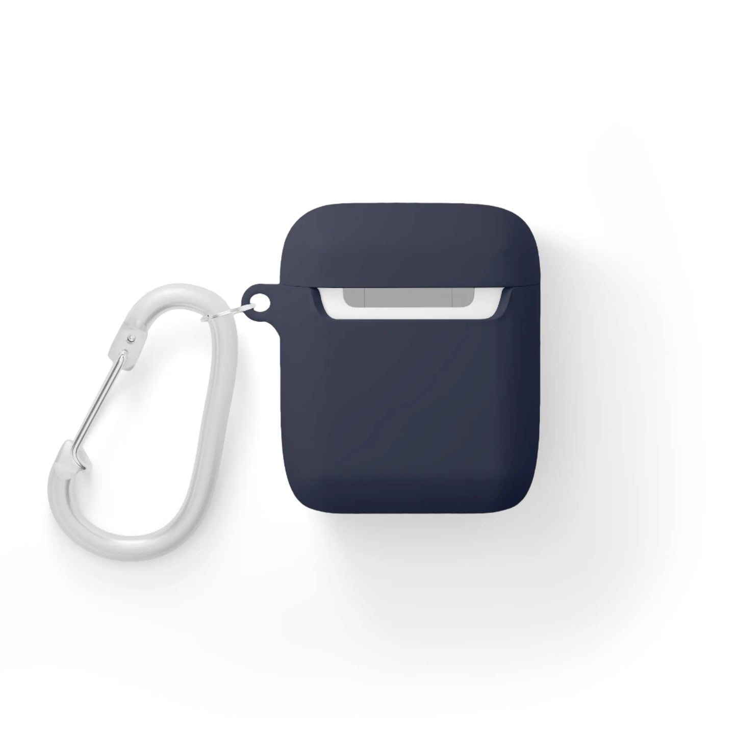 Navy blue wireless earbuds case with a silver carabiner attached.