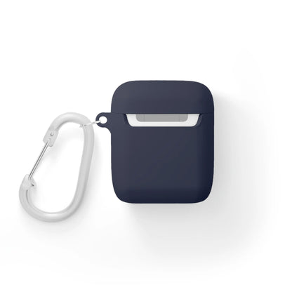 Navy blue wireless earbuds case with a silver carabiner attached.