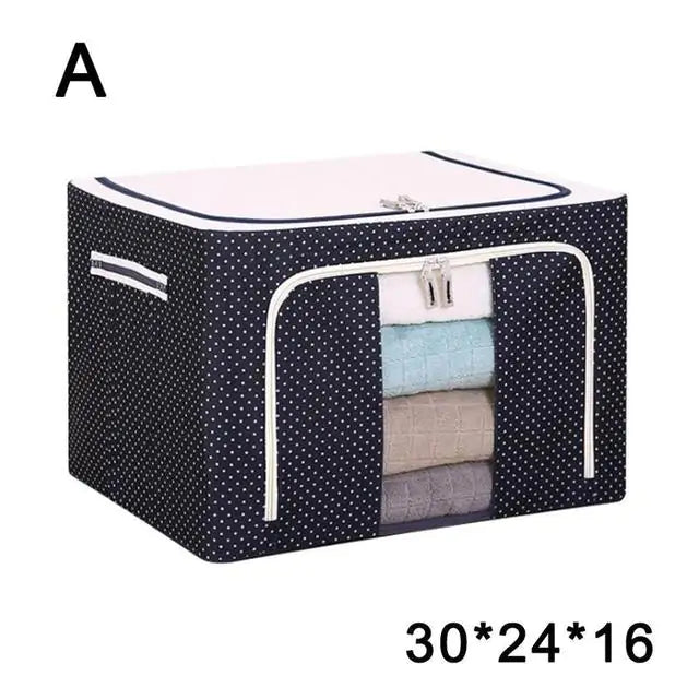 Navy polka dot storage box with transparent panel showing stacked blankets, size 30x24x16 listed, model A