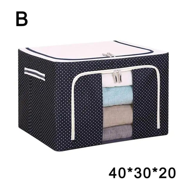 Navy polka dot storage box with transparent panel showing stacked blankets, size 40x30x20 listed, model B