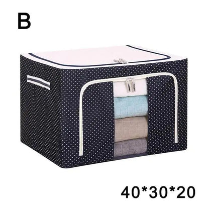 Navy polka dot storage box with transparent panel showing stacked blankets, size 40x30x20 listed, model B
