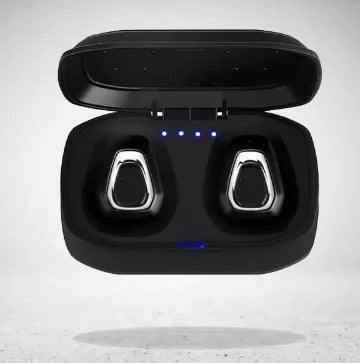 Open charging case with wireless earbuds and blue LED lights.