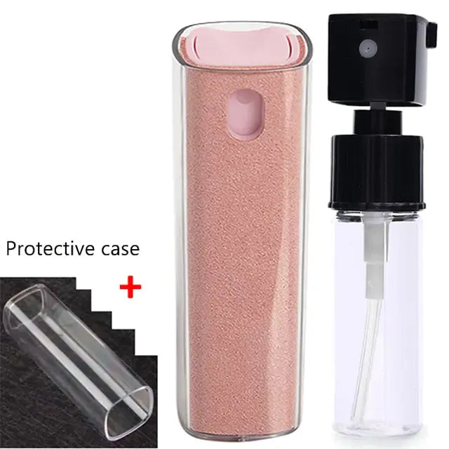 Perfume atomizer set with a rose gold case and clear spray bottle with a protective case.