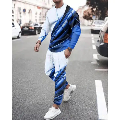 Person wearing white and royal blue tracksuit with diagonal stripe pattern, matched with white sneakers on street