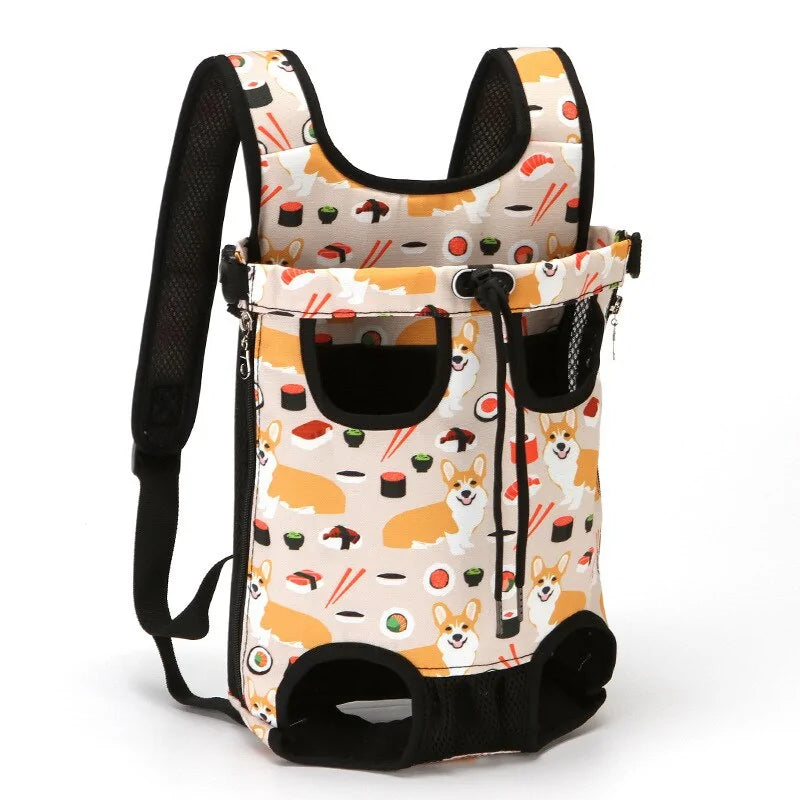 Pet carrier backpack with corgi and sushi pattern featuring orange dogs, chopsticks, and rolls on white background
