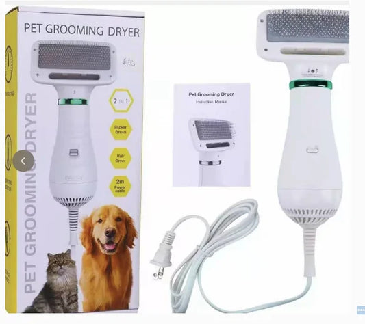 Pet grooming dryer product packaging and components showing white device with brush head and power cord