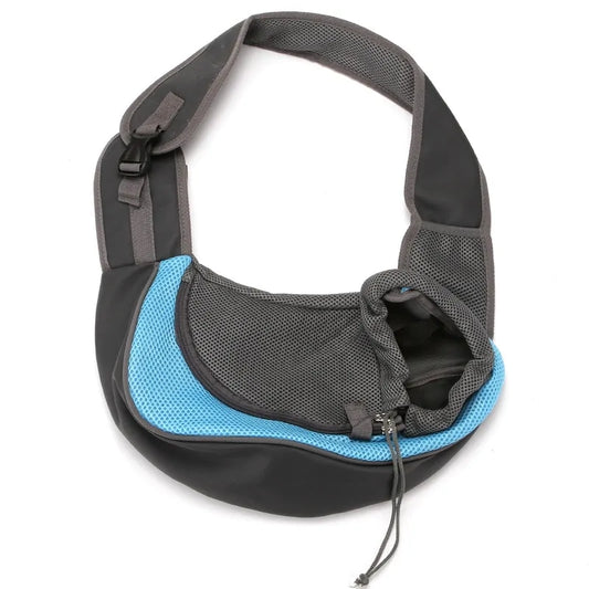 Pet sling carrier in black and light blue mesh, featuring adjustable shoulder strap and drawstring closure