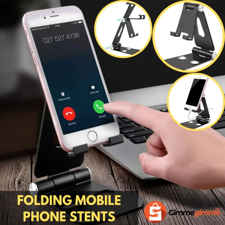 Phone displaying incoming call on black folding stand with product angles shown