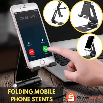 Phone displaying incoming call on black folding stand with product angles shown