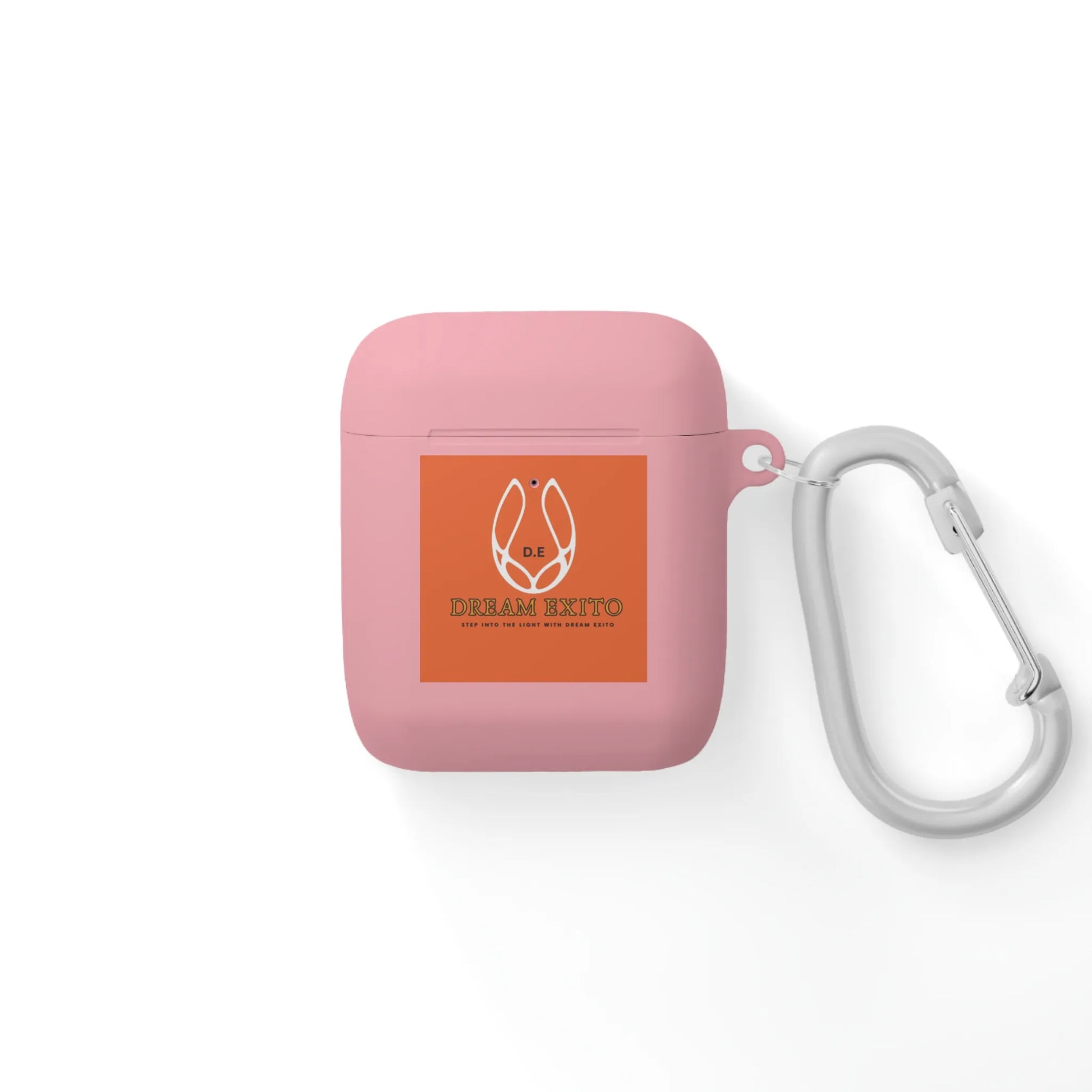 Pink earbud case with an orange label and attached silver carabiner.