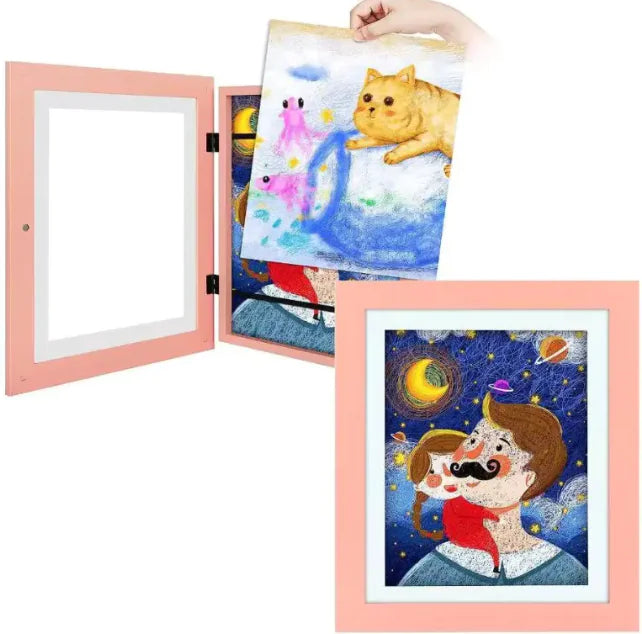 Pink hinged frame showcasing two artworks: watercolor cat scene and whimsical space-themed portrait