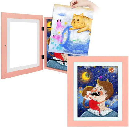 Pink hinged frame showcasing two artworks: watercolor cat scene and whimsical space-themed portrait